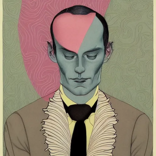 Prompt: by tara mcpherson, by balthus, by mœbius. a drawing of a suit. the man's eyes are closed & he has a serene, content look on his face. his arms are crossed in front of him & is floating in space. background is swirling with geometric shapes & patterns.