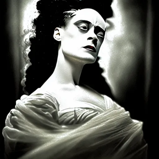 Image similar to a dramatic cinematic portrait photograph of bride of frankenstein influenced by alphonse mucha