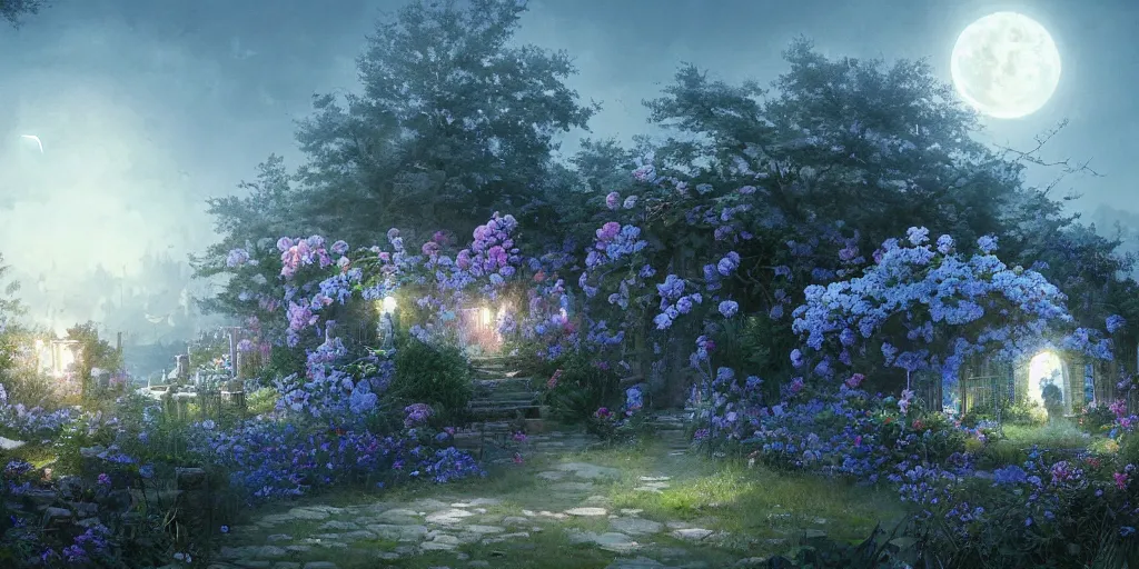 Prompt: a beautiful painting of the blue roses garden and the moon, greg rutkowski style, trending on artstation