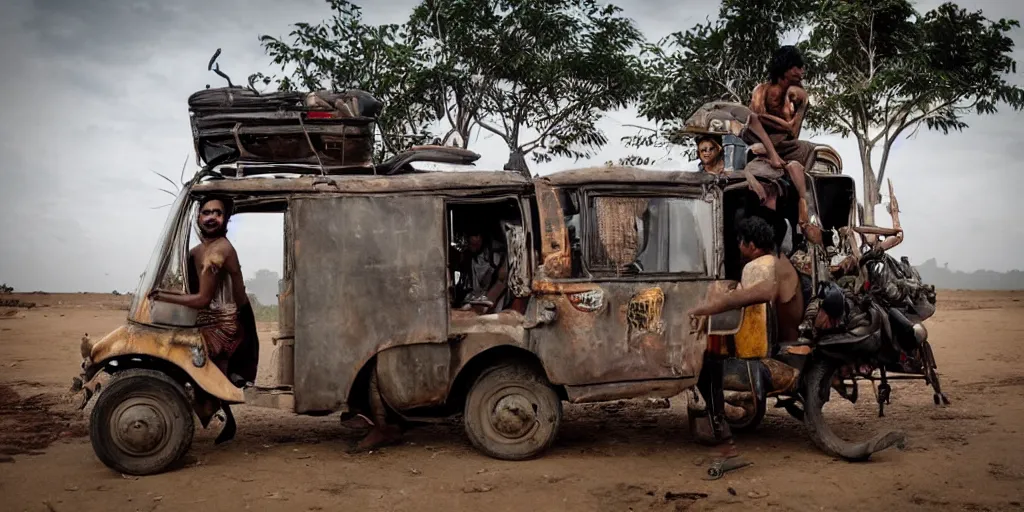 Image similar to sri lankan mad max style, tuk tuk, film still, epic shot cinematography, rule of thirds