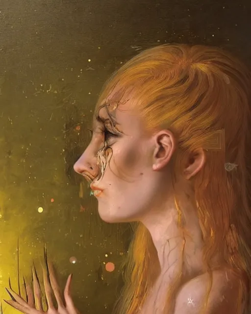 Image similar to a beautiful and eerie baroque painting of a gorgeous young woman in dead space, with wild blonde hair and haunted eyes, 1 9 7 0 s, seventies, space station, neon light showing injuries, delicate ex embellishments, painterly, offset printing technique, behind her something sinister is happening