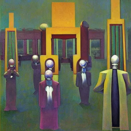 Image similar to robot druids in a grand processional, grant wood, pj crook, edward hopper, oil on canvas