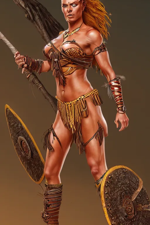 Image similar to supermodel stephanie seymor as an amazonian warrior, highly detailed, digital painting, artstation, concept art, smooth, sharp focus, illustration, Unreal Engine 5, 8K, art by Frank franzetta