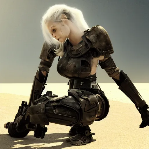 Image similar to beautiful tall female cyborg, brilliant short white hair, glowing white eyes, wearing brutalist industrial military body armor, kneeling over a human skull half buried in the sand,dynamic dramatic dark moody lighting,shadows,cinematic atmosphere,Artstation, hyperrealistic 3D digital art,Octane render,8K 4K UHD image