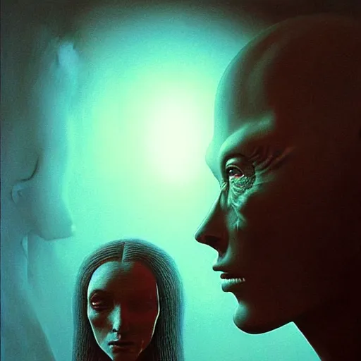 Prompt: alien man with alien woman portraiture, painted by beksinski, 4 k, intricate details, unreal engine, dynamic lighting