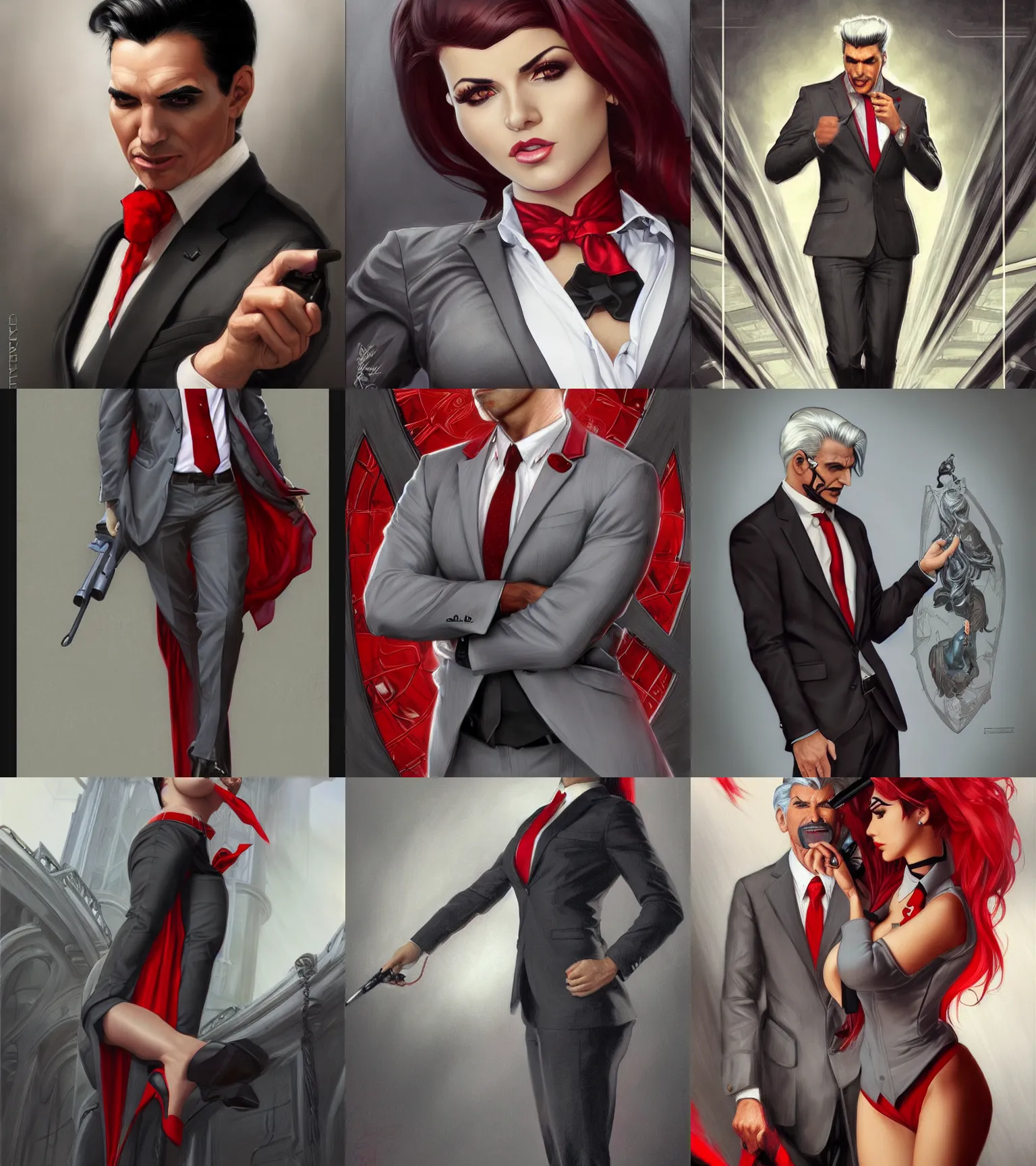 Prompt: romi rain wearing a business suit, grey hair, red necktie, cinematic, stunning, highly detailed, digital painting, artstation, smooth, hard focus, full body shot, illustration, art by artgerm and greg rutkowski and alphonse mucha