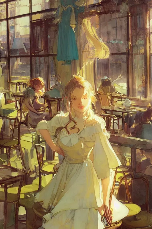 Image similar to A girl in a maid's outfit in a cafe a afternoon, wavy hair yellow theme,S line,45 angel by krenz cushart and mucha and trnyteal and greg rutkowski