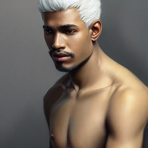 Image similar to ultra realistic illustration, young man with dark gray skin, short white hair, intricate, elegant, highly detailed, digital painting, artstation, concept art, smooth, sharp focus, illustration, art by artgerm and greg rutkowski and alphonse mucha