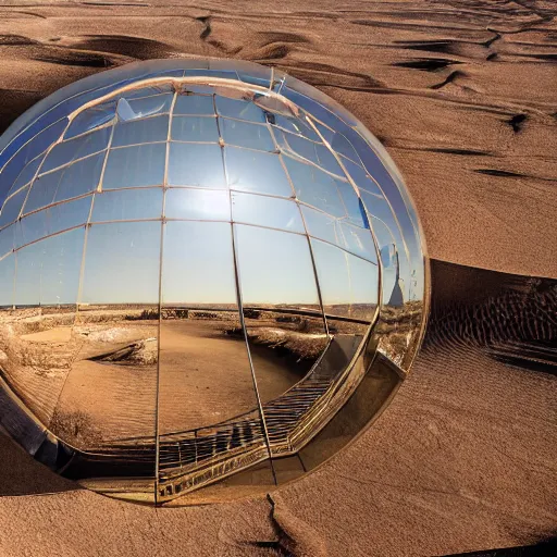 Image similar to A realistic photo of a huge transparent megastructure in the shape of a sphere, it has a staircase inside, located in the center of a desert, people are walking up the stairs, photography, award winning, 8k