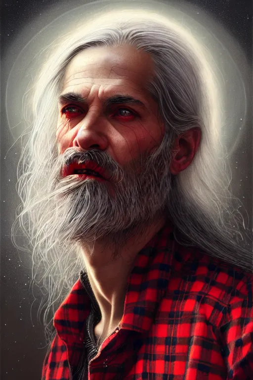 Image similar to a man wear plaid red shirt + long grey hair is the man who know everything in the universe by karol bak, james jean, tom bagshaw, rococo, sharp focus, trending on artstation, cinematic lighting, hyper realism, octane render, 8 k, hyper detailed, vivid, ultra detailed, highly detailed