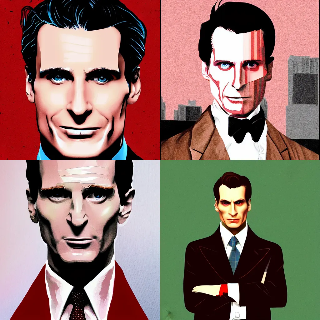 Prompt: Patrick Bateman in American psycho, accurate anatomy, highly detailed, digital art, centered, portrait, colored vibrantly