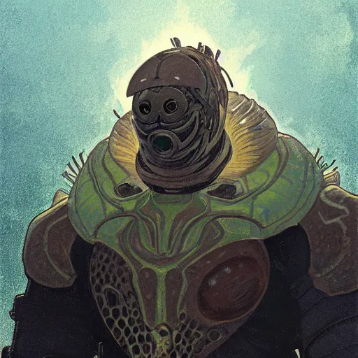 Image similar to portrait of hulking, brutish clone with vacant expression and giant isopod attached to back of neck, wearing brutalist black armor and camoflauge cloak, clearly visible face, science fiction concept art by Anato Finnstark, Alphonse Mucha, and Greg Rutkowski