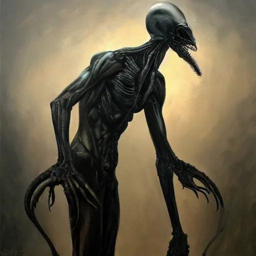 Prompt: a realistic painting by Raffaello Sanzi depicting the Slender Man with the head of the symbiotic Xenomorph Yautja in the Renaissance era ,smooth,Sharp focus, realism, trending on Artstation.