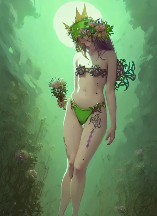 Prompt: cute fairy girl with crown of flowers in plants bikini covered with celtic rune tattoos, fantasy, by atey ghailan, by greg rutkowski, by greg tocchini, by james gilleard, by joe gb fenton, by in kaethe butcher, dynamic lighting, gradient light green, brown, blonde cream and white color in scheme, grunge aesthetic