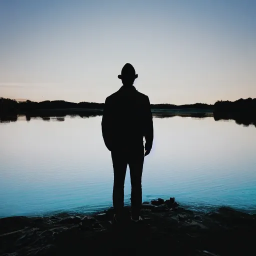 Prompt: silhouette of a man standing on the banks of a river