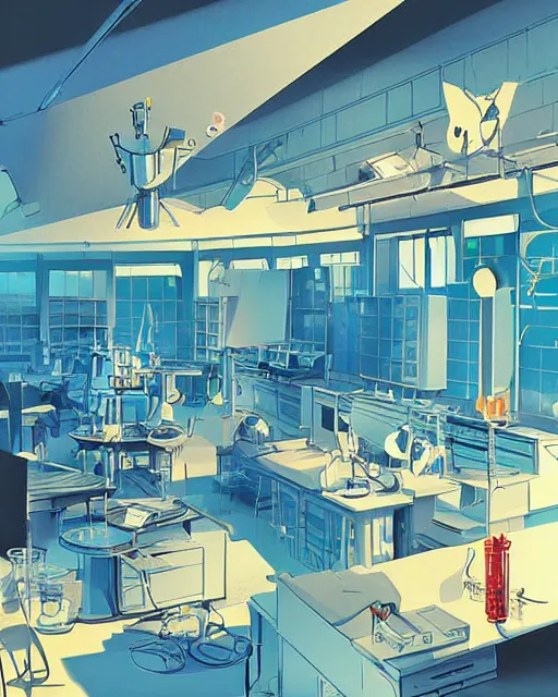 Image similar to science lab. clean cel shaded vector art. illustration art by makoto shinkai and and john berkey