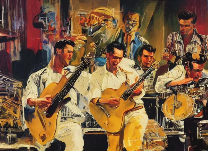 Image similar to rockabilly band 1950s, high detail, golden hour, 8K, by John Berkey