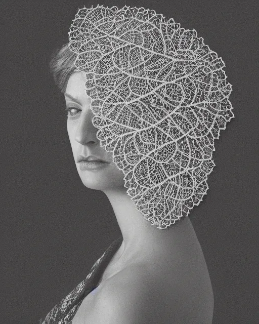 Image similar to a woman's face in profile, made of intricate delicate lace leaf, in the style of the dutch masters and gregory crewdson, dark and moody