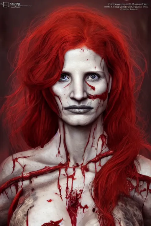 Image similar to woman skeleton covered with blood, jessica chastain face!!!, long red hair, ultra realistic, concept art, intricate details, highly detailed, 4 5 mm. photorealistic, octane render, 8 k, unreal engine. retro film still, heavy grain, 3 5 mm, art by artgerm and greg rutkowski and alphonse mucha