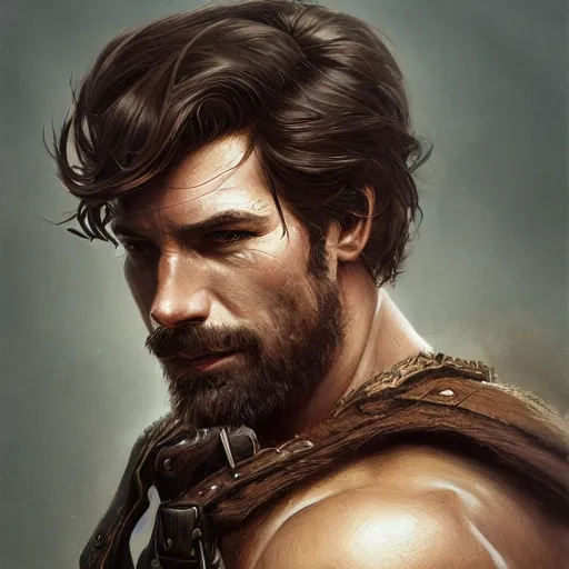 Prompt: portrait of a young, ruggedly handsome ranger, soft hair, muscular, half body, leather, hairy, d & d, fantasy, intricate, elegant, highly detailed, digital painting, artstation, concept art, smooth, sharp focus, illustration, art by artgerm and greg rutkowski and alphonse mucha