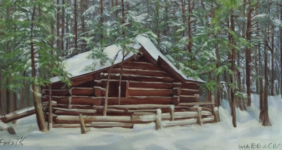 Prompt: one log cabin in the thick forest, beautiful painting, oil on canvas, by Ewa Czarniecka, award winning masterpiece,