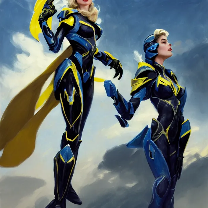 Image similar to A combination of Adriana Dxim's and Grace Kelly's and Ashley Greene's appearances with blonde hair wearing Interceptor's armor from Anthem, countryside, calm, fantasy character portrait, dynamic pose, above view, sunny day, thunder clouds in the sky, artwork by Jeremy Lipkin and Giuseppe Dangelico Pino and Michael Garmash and Rob Rey and Greg Manchess and Huang Guangjian, very coherent asymmetrical artwork, sharp edges, perfect face, simple form, 100mm