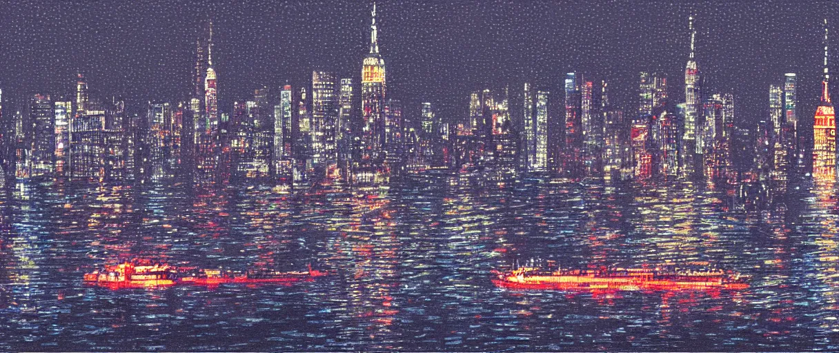 Image similar to carrier ship sailing on flooded miniature new york city at night, raining, art by yoshitaka amano, and artgerm, pixel art