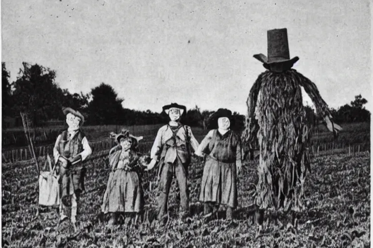 Image similar to disturbing scarecrow from the early 1 9 0 0's leading children into the burning cornfields