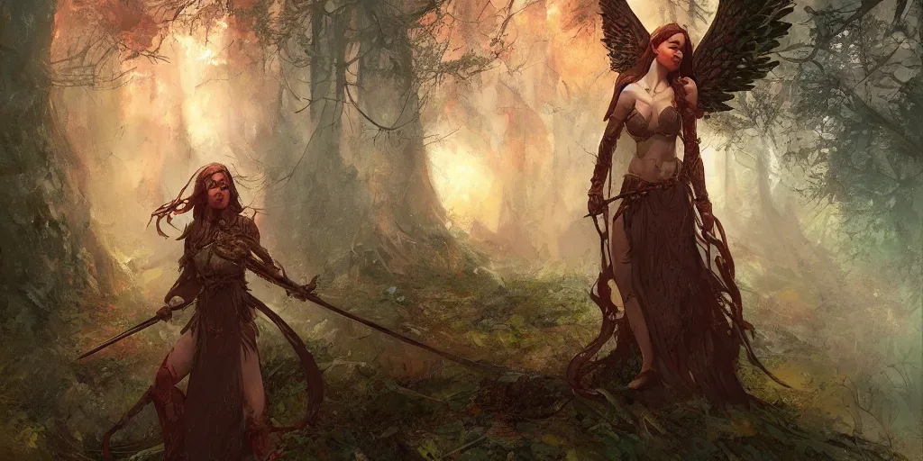 Prompt: a female angel warrior reigns on a magical forest, marc simonetti, detailed, artstation