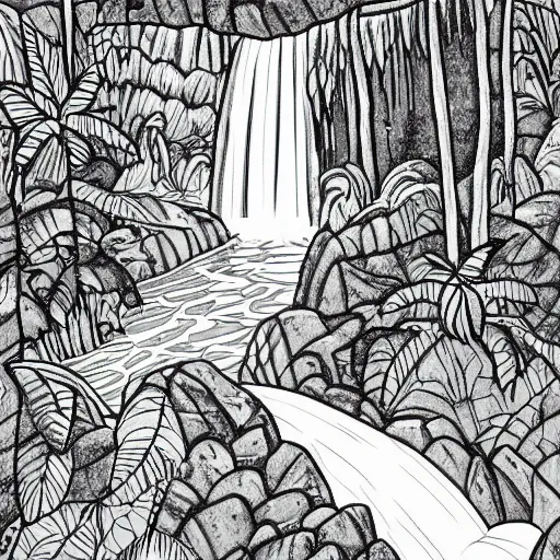 Image similar to a grayscale adult coloring page of a waterfall in the enchanted forest