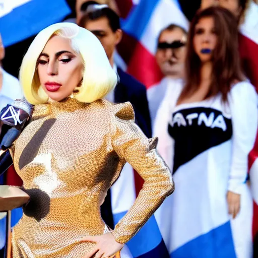 Image similar to Lady Gaga as president, Argentina presidential rally, Argentine flags behind, bokeh, giving a speech, detailed face, Argentina