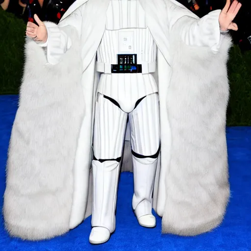 Image similar to White Darth Vader wearing a blue fur coat at Met Gala 2017