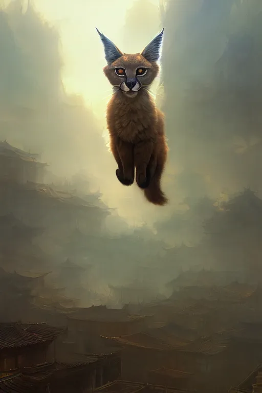 Image similar to cute fluffy caracal flying up on the victorian city, extremely detailed digital painting, in the style of fenghua zhong and ruan jia and jeremy lipking and peter mohrbacher, mystical colors, rim light, beautiful lighting, 8 k, stunning scene, raytracing, octane, trending on artstation
