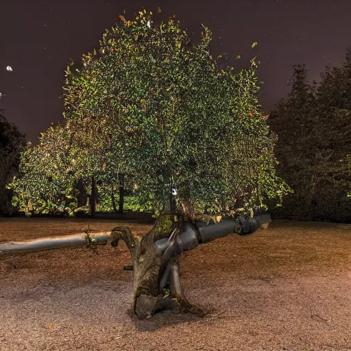 Prompt: a tree with old televisions in it at night