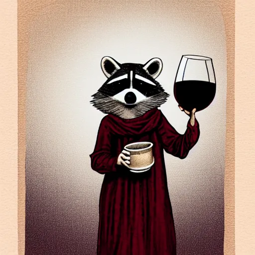 Image similar to a photograph of a racoon wearing a night gown holding a cup of wine