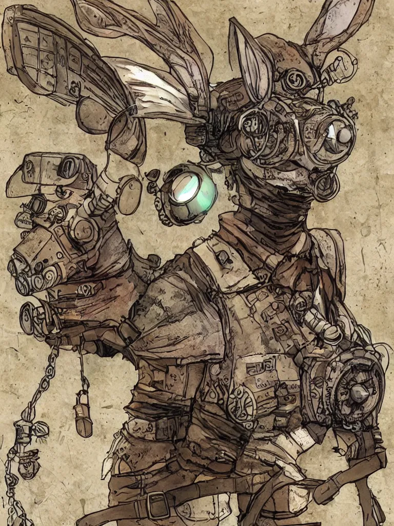 Image similar to a post - apocalyptic steampunk bunny rabbit in the post office trying to mail a package, high def, realistic, fine art, intricate, digital art