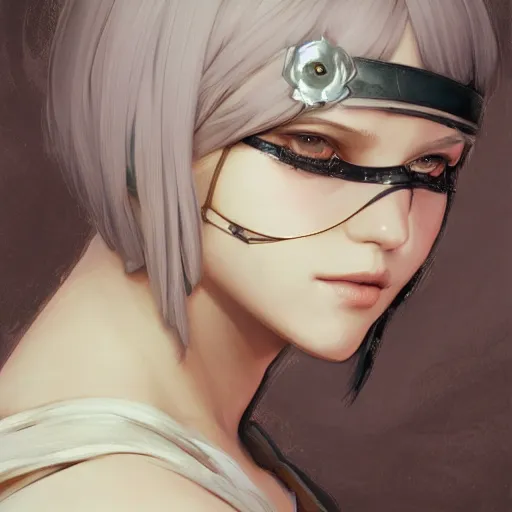 Prompt: closeup of 2B from NieR Automata wearing her blindfold, D&D, fantasy, intricate, elegant, highly detailed, digital painting, artstation, concept art, matte, sharp focus, illustration, hearthstone, art by Artgerm and Greg Rutkowski and Alphonse Mucha