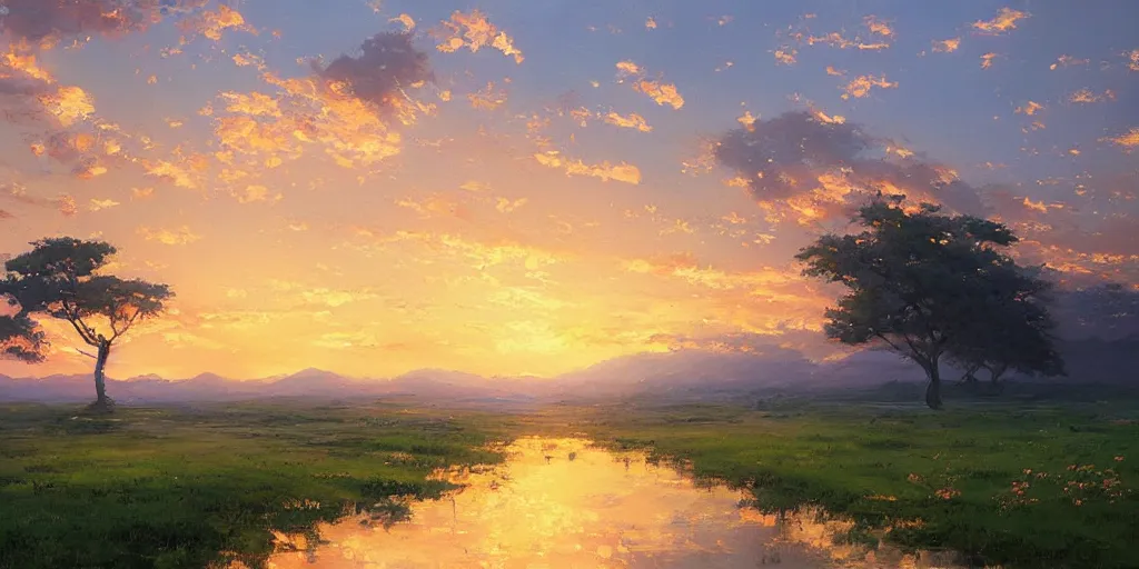 Image similar to an extraordinarily beautiful oil painting of a landscape in spring during sunset ; the most beautiful painting in the world ; by makoto shinkai