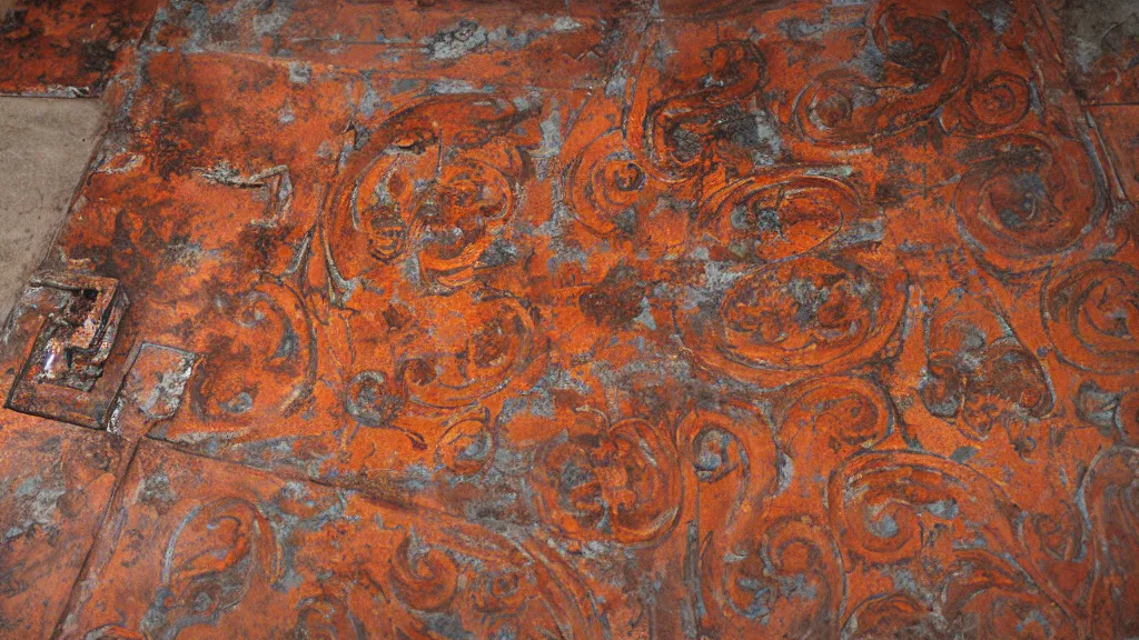 Image similar to rococo rusted push floor in a bright lobby, iso 2 0 0