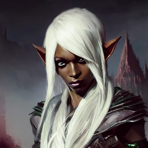 Prompt: closeup portrait of a drow elf, dungeons and dragons character, castle background, gorgeous view, realistic, high detail, digital art, painted by greg rutkowski, painted by jeremy mann, trending on artstation