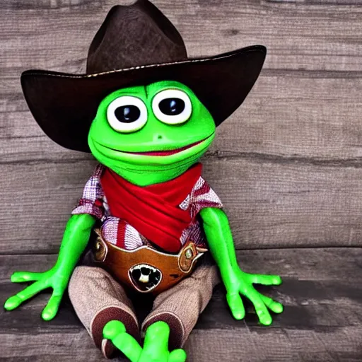 Prompt: Pepe the Frog, full body, cowboy attire, grinning at the viewer