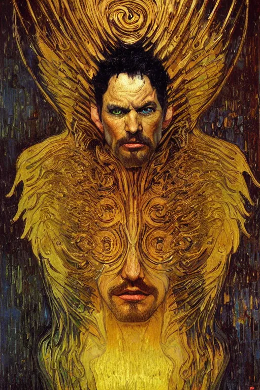 Image similar to character art the contra bill rizer, by karol bak, jean deville, gustav klimt, and vincent van gogh, trickster, enigma, destiny, poe's angel, surreality, inspiration, muse, otherworldly, fractal structures, arcane, ornate gilded medival icon, spirals