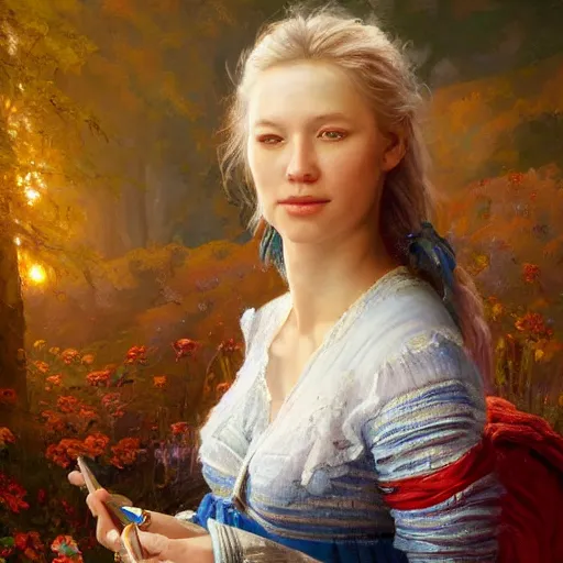 Image similar to portrait of a norwegian woman ( 3 5 ) from norway in 2 0 2 1, an oil painting by ross tran and thomas kincade