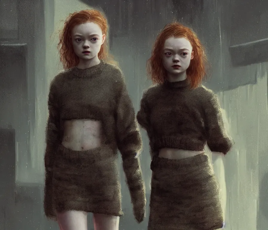 Prompt: sadie sink in old sweater and mismatched miniskirt : costume design for a scifi cyberpunk film. by greg rutkowski, john j. park, jason chan, noah bradley, feng zhu, gintas galvanauskas, gustave courbet, rosa bonheur, edward hopper. sharp focus, cinematic atmosphere, detailed and intricate, perfect anatomy