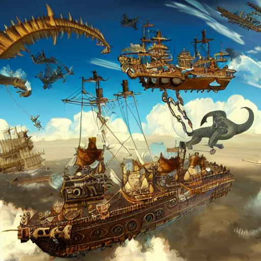 Prompt: Steampunk skyship battle between cat pirates and dinosaur wizards