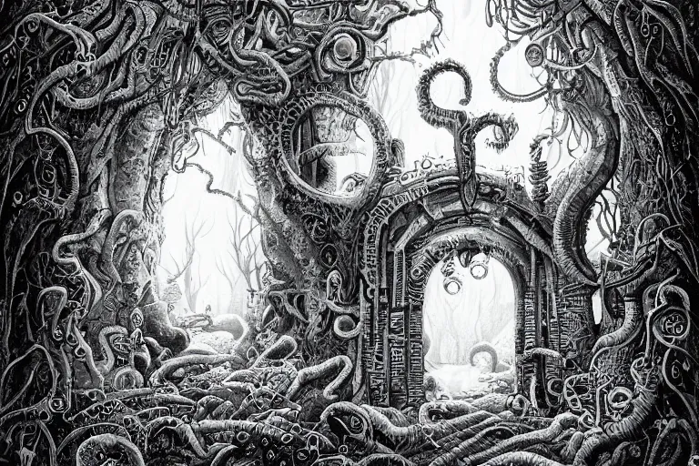 Prompt: portal to a lovecraftian realm in the malt field woods by Joe Fenton