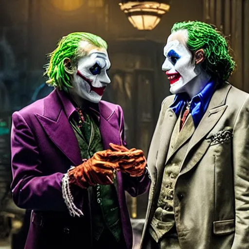 Image similar to A still of Johnny Depp talking with The Joker on a premiere, 4k, highly detailed, photograph, photoreal, professional lighting, promo shoot, award winning