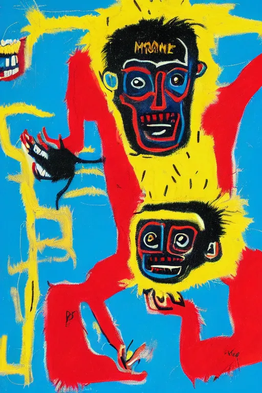 Image similar to an illustration of monkeys killing children in the style of basquiat by margaret wise brown, blue and black