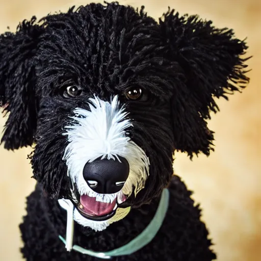 Image similar to a closeup photorealistic photograph of a cute smiling knitted bernedoodle judge dog dressed in a black gown, presiding over the courthouse. indoor image, professional capture, well lit shot. this 4 k hd image is trending on artstation, featured on behance, well - rendered, extra crisp, features intricate detail, epic composition and the style of unreal engine.