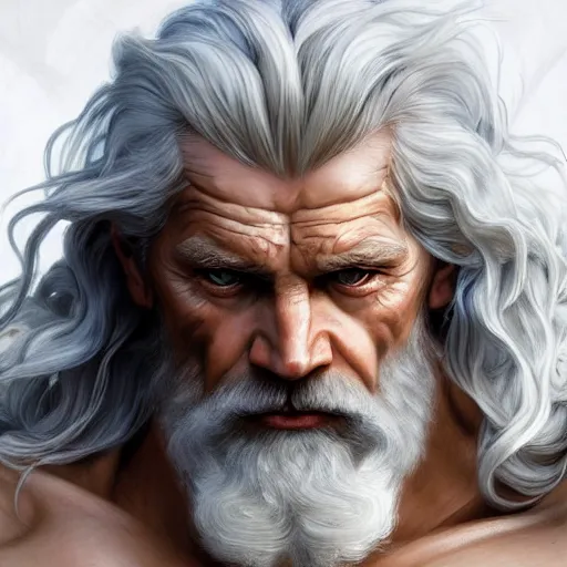 Prompt: portrait of rugged zeus, greek god, white hair, soft hair, d & d, muscular, hairy torso, fantasy, intricate, elegant, highly detailed, digital painting, artstation, concept art, smooth, sharp focus, illustration, art by artgerm and greg rutkowski and alphonse mucha